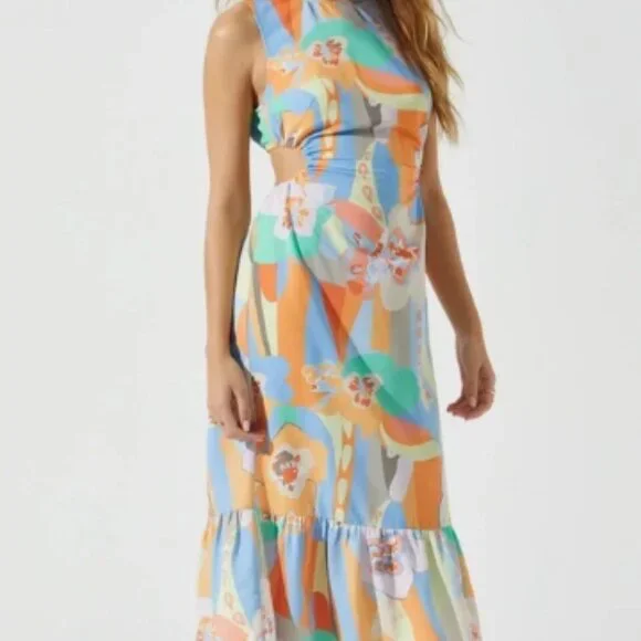 NWOT ASTR the Label High Neck Open Back Midi Dress - Orange blue multi - Size L - Picture 4 of 10